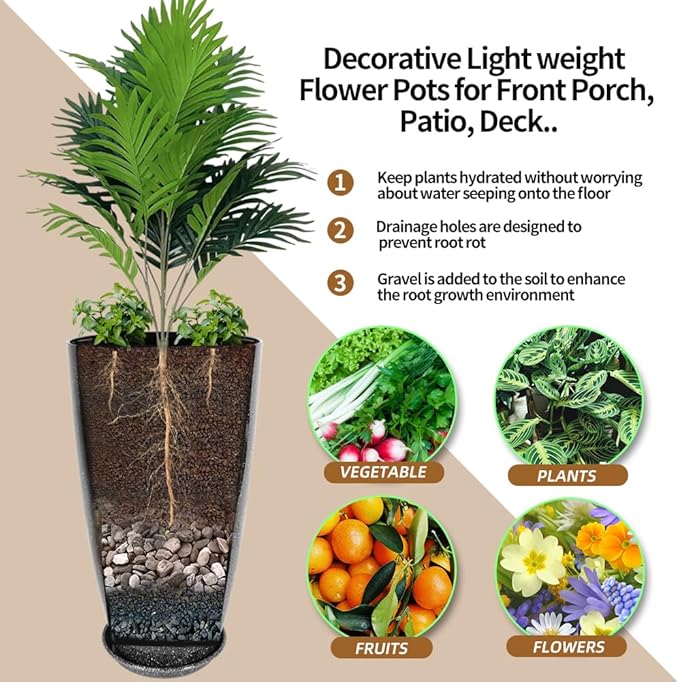 Megawodar 2 Pcs Pack 21 Inches Plastic Resin Tall Tapered Planter Pots Large Round Planter Flower Pot with Drainage Holes for Indoor Outdoor Deck Porch Garden Home Patio Front Door (Black, L)
