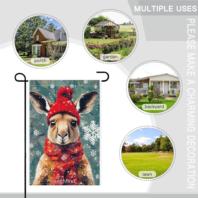 Kangaroo with Red Scarf and Hat Snowflake Christmas Garden Flag, 28x40 Inch Double Sided Linen Holiday Red Winter Farmhouse Yard Outdoor Decoration (4334)