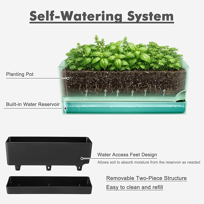 Party Zealot Self Watering Pots for Indoor Plants, 5 Pack Window Boxes Planters 17 Inch Rectangular Planter Rectangle Flower Pots Long Plant Pot Large Window Sill Herb Planter Box, Black