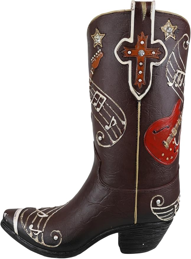Ebros Gift Wild West Faux Tooled Leather Cowgirl Cowboy Boot with Western Star Cross Guitar and Musical Notes Chords Desktop Floral Vase Planter Sculpture Rustic Accent Boots Figurine