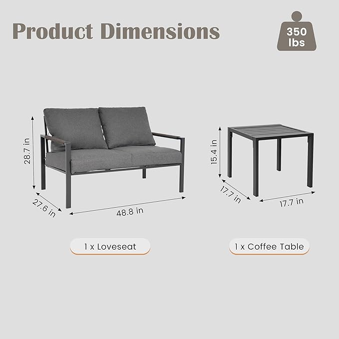 2 Pieces Rattan Outdoor Furniture Set, All-Weather Patio Loveseat with Dark Grey Cushions and Coffee Table for Garden, Backyard, Balcony, Poolside