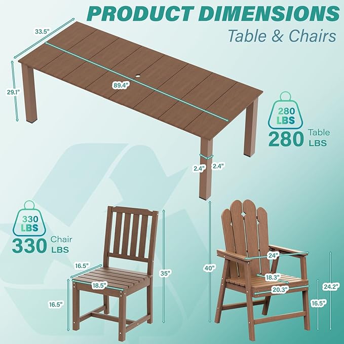 11-Piece Patio Dining Set, Outdoor Dining Set for 10, HDPE All-Weather Outdoor Furniture with 89.57” Umbrella Hole Table, 2 Armchairs & 8 Armless Chairs, Brown