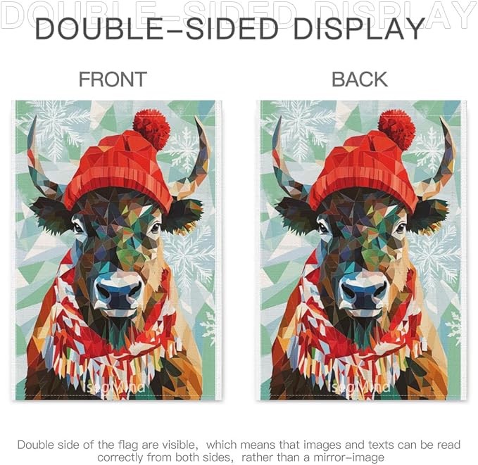 Bison with Red Scarf and Hat Snowflake Christmas Garden Flag, 28x40 Inch Double Sided Linen Holiday Red Winter Farmhouse Yard Outdoor Decoration (4332)
