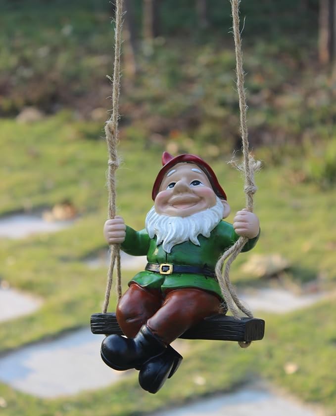 Garden Gnome Hanging Statue - Handpainted Resin Fun Outdoor Decor, Perfect for Patios, Gardens, Porches, or Lawns Great Christmas Tree Decor Halloween New Year
