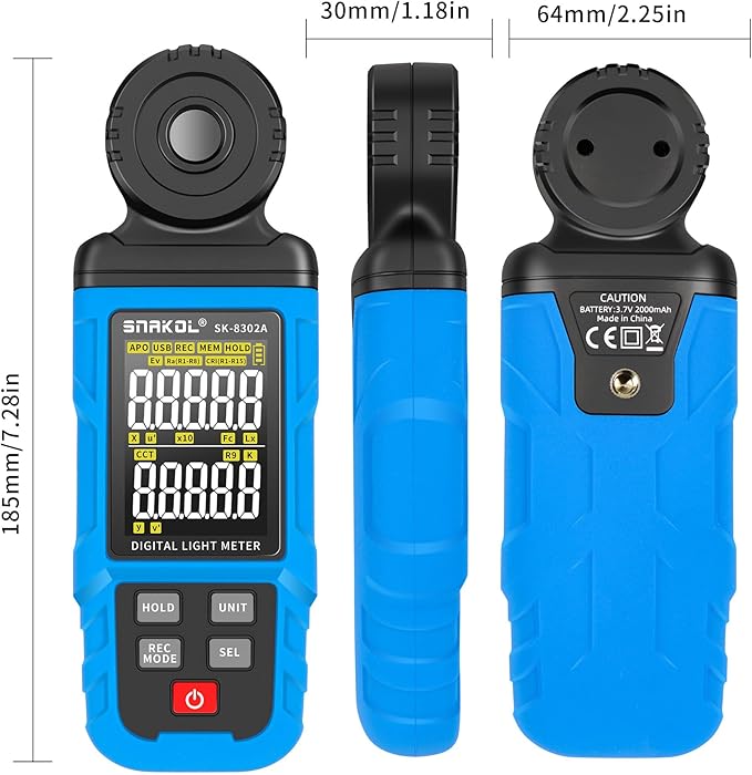SNAKOL Spectral Illuminance Meter SK-8302A Light Meter, Lux Meter, CCT,RA,CRI,R9,Range up to 200,000 Lux 2500K-15000K, Color Coordinate,Data Storage, USB Charger, PC Software,Lighting Testing Tool