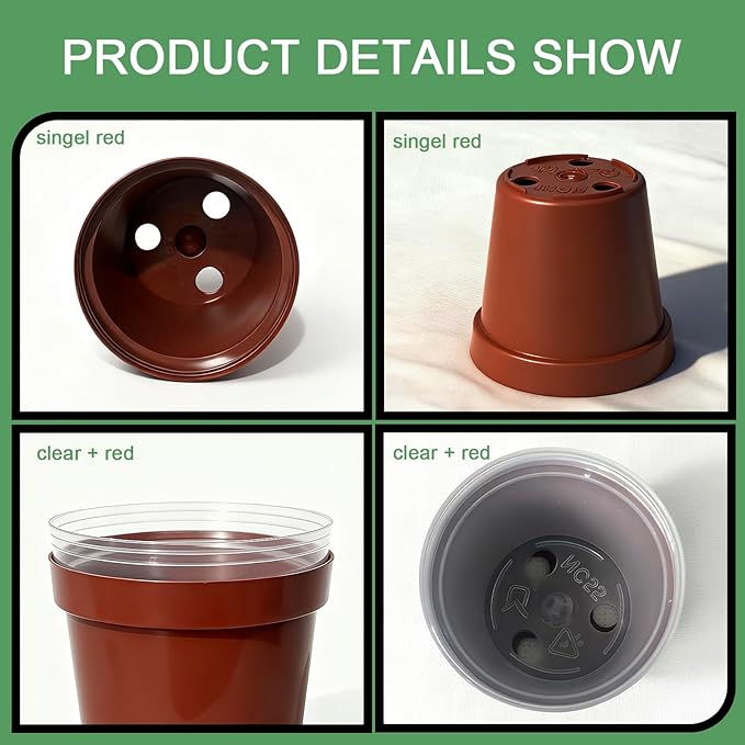 Gyfofix 2 Inch Round Nursery Seedling Pots (Red+Clear),100 Pack Mini Plastic Seedling Planter,Sturdy Small Plastic Pots with Drainage Holes for Seed Starting, Succulents, Indoor Outdoor Gardening