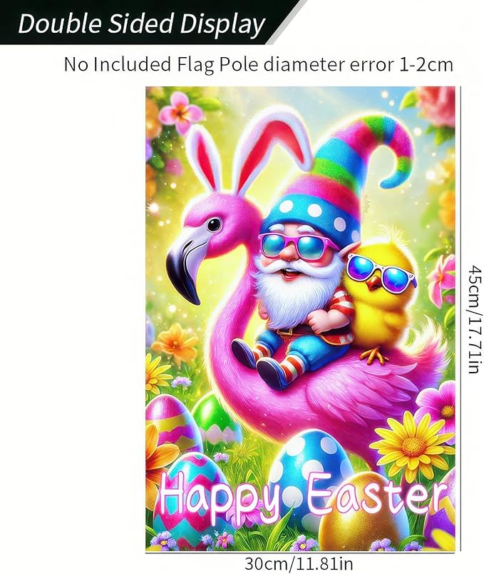Happy Easter Garden Flag 12x18 Inch Double Sided Gnome Flamingo Chick Design with Easter Egg Small Outdoor Yard Flag Colorful Easter Banner for Porch Lawn Patio Spring Decor