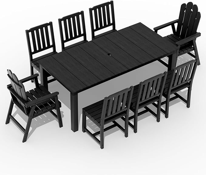 9-Piece Patio Dining Set, Outdoor Dining Set for 8, HDPE All-Weather Outdoor Furniture with 75.20” Umbrella Hole Table, 2 Armchairs & 6 Armless Chairs, Black