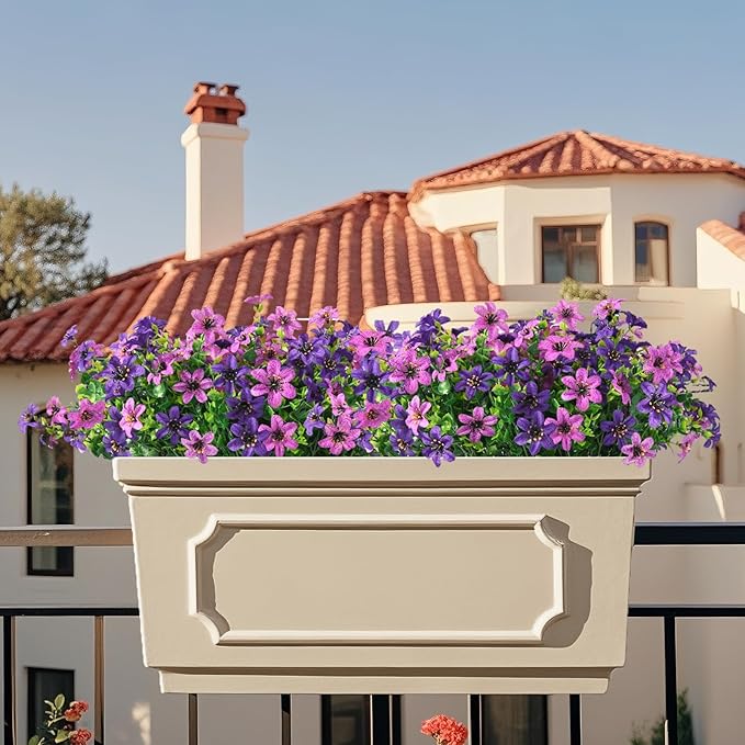 Artificial Flowers for Outdoors 12 Bundles Fake Plants Spring Home Decoration, Realistic Faux Flower Silk Daisy with Eucalyptus Stem UV Resistant Patio Planter Porch Yard Window (Double Purple)