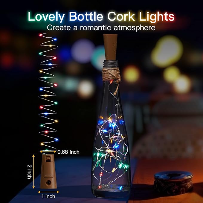 Wine Bottle Lights with Cork, Twinkle Lights 10 Pack 20 LED Waterproof Battery Operated Cork Lights, Silver Wire Mini Fairy Lights for Liquor Bottles DIY Party Christmas Wedding Décor Multicolor