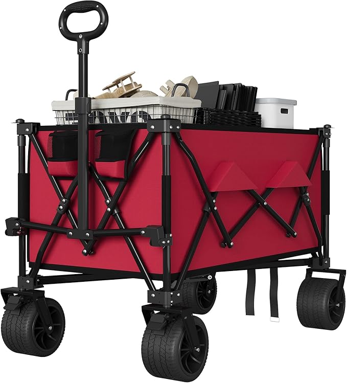 GarveeLife Heavy Duty Utility Beach Wagon Cart, Collapsible Wagon Beach with All Terrain Wheels, Extra Long WagonCart Foldable with Cup Holders for Sand