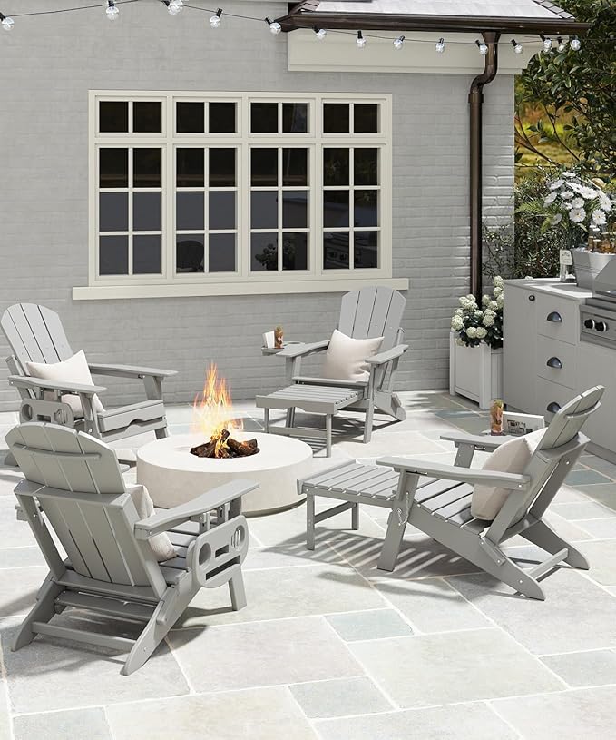 Adjustable Adirondack Chair with Retractable Ottoman Set of 6, HDPE Folding Adirondack Chair with Cup Holder, All Weather Fire Pit Chair for Outdoor.