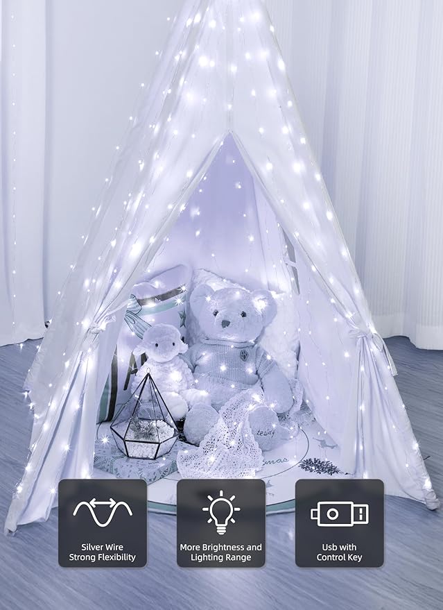Brightown 300 LED Fairy Curtain Lights, 9.8ft x 9.8ft String Lights, USB Plug in 8 Lighting Modes Christmas String Hanging Lights with Remote for Bedroom Indoor Outdoor Party Xmas White 1 Pack