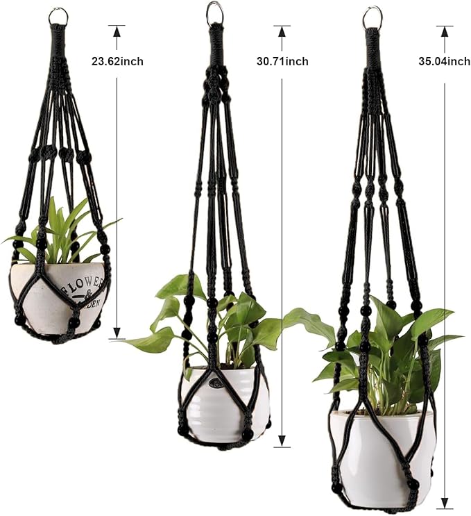 MKO SHUN 3-Pack Macrame Plant Hanger Indoor - Hanging Planter Basket for Indoor Outdoor - Decorative Boho Plant Holders Set with Beads - Ceiling Flower Pot Holder with 6 Hooks - 35"/30"/24" Black