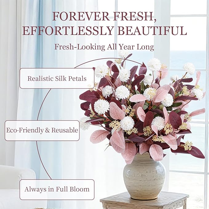 Fake Flowers for Vase, 15 pcs Faux Silk Pompom Mum Artificial Flowers with Eucalyptus Stems, Mini Floral Long Stem Arrangements for Home Decor, Wedding, Table Centerpieces DIY Floral Designs
