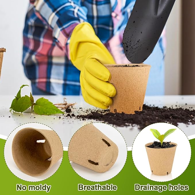 RAINFLOW 25PCS Peat Pots with Labels-Biodegradable Eco-Friendly Pots for Seedlings with Drainage Holes,Garden Germination Nursery Pot for Flower Vegetable Tomato Saplings & Herb Seed Germination