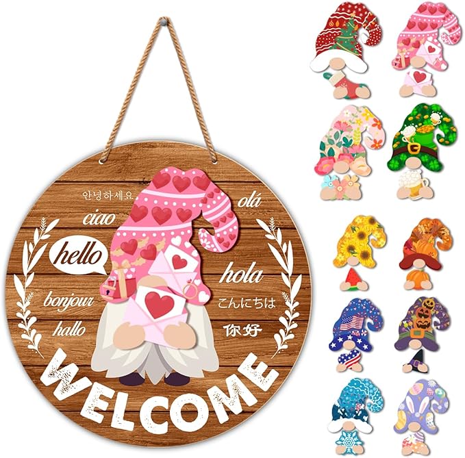 Interchangeable Gnome Welcome Sign Valentine's Day Door Decor, Changeable Gnomes Front Porch Decorations Wall Hanging Wood Wreath Hangers for Spring Summer Fall Winter All Seasons Holiday, Rufous