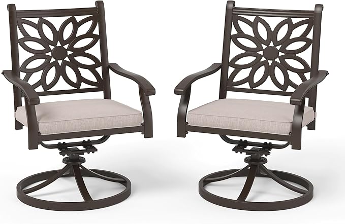 PHI VILLA Cast Aluminum Outdoor Patio Swivel Dining Chairs, Extra Wide Armrest Chairs with Seat Cushion, Casting Aluminum Back for All Weather, Set of 2