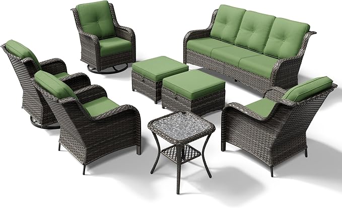 Joyside 8 Piece Wicker Patio Furniture Set, Outdoor Swivel Rocker Patio Chairs with High Back, Deep Seating, Wide Armrest, Thickened Cushions, Outdoor Furniture for Deck, Porch Use