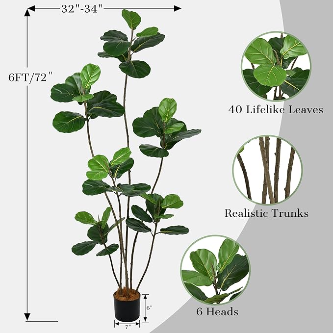 Artificial Fiddle Leaf Fig Tree 6FT- Tall Faux Tree with 40 Lifelike Leaves, 6 Heads, 72" Large Ficus Lyrata Fake Potted Plant for Home Office Living Room Corner Porch Indoor Decor