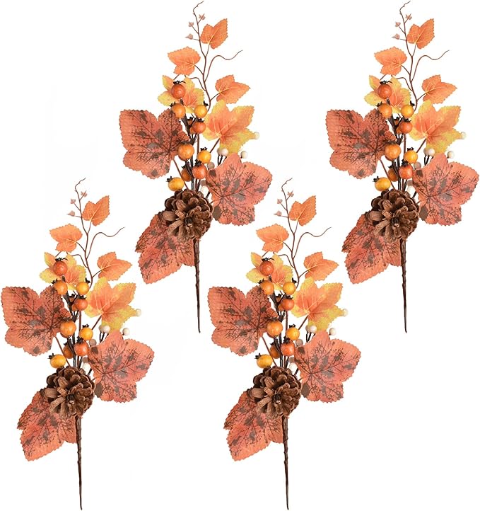 Fall Floral Picks 4PCS, Maple Leaf Pinecone Berries Branch Artificial Autumn Picks and Sprays for Farmhouse Autumn Vase Halloween Thanksgiving Decor