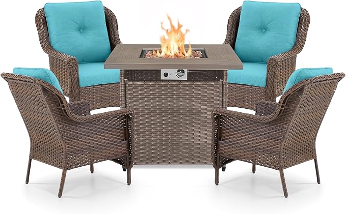 Outdoor Patio Chairs with Fire Pit Table 5 Piece Set - High Back Brown Wicker Rattan Lawn Chair with Thick Cushion for Porch Apartment Deck Yard Poolside Garden - Turquoise