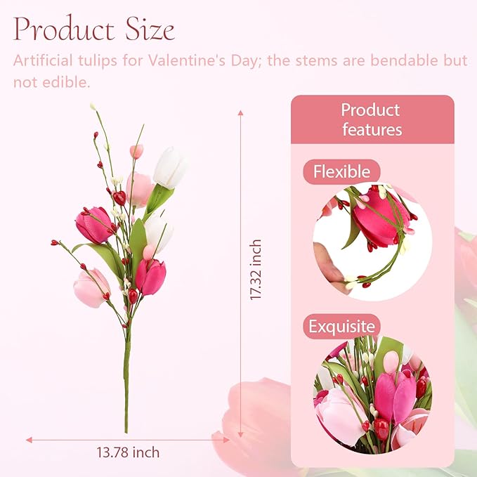 4Pcs Artificial Tulips Twigs Mother's Day Decorations Pink Tulip Berry Stems for Easter Day Anniversary Flower Bouquets Wedding Home Decor