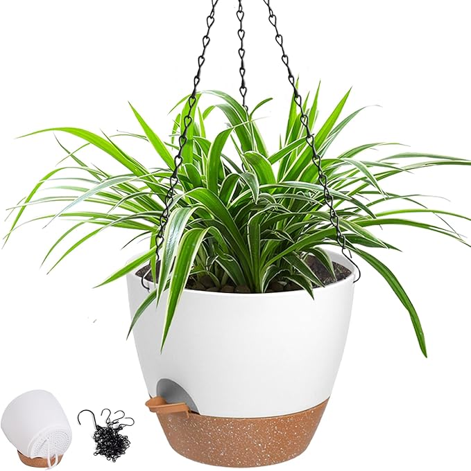 Vanslogreen Hanging Planters for Indoor Outdoor Plants, 1 Set Self Watering Hanging Pot with Drainage Holes & Removable Tray (White-12inch, 12'')