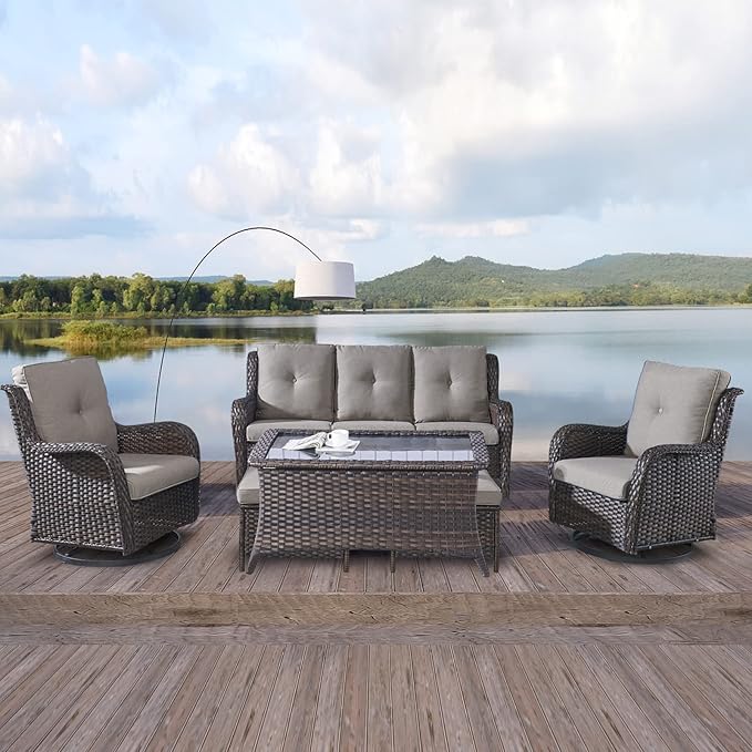 Rilyson Wicker Patio Furniture Set - 6 Piece Rattan Outdoor Sectional Conversation Sets with 2 Swivel Rocking Chairs,2 Ottomans,1 Sofa and 1 Coffee Table for Porch Deck Garden(Brown/Grey)