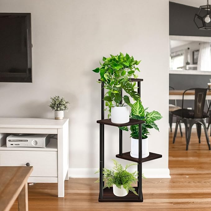 YOCOMEY 4 Tier Wood Tall Plant Stand Metal Rack Indoor, Multiple Flower Pot Holder Shelves Corner Rack, Planter Shelf Display Rack Storage Organizer for Patio Living Room Balcony Garden(Black Oak)
