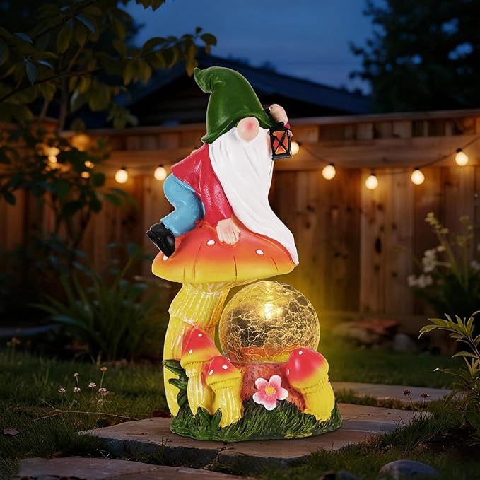 Garden Gnomes Outdoor Statues with Light, Spring Gnomes Decorations for Yard, Solar Garden Gnome with Mushroom Decor, Lawn Ornaments for Patio, Balcony Housewarming- Unique Women Gifts