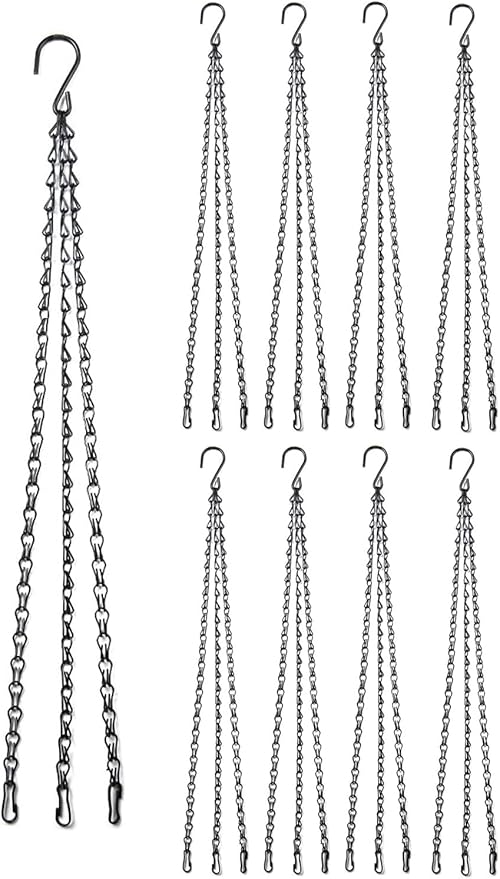 Elaiko Flower Pot Chain 24 Inch Hanging Flower Basket Galvanized Replacement Chain 3 Point Garden Plant Hanger (8pcs(Black))