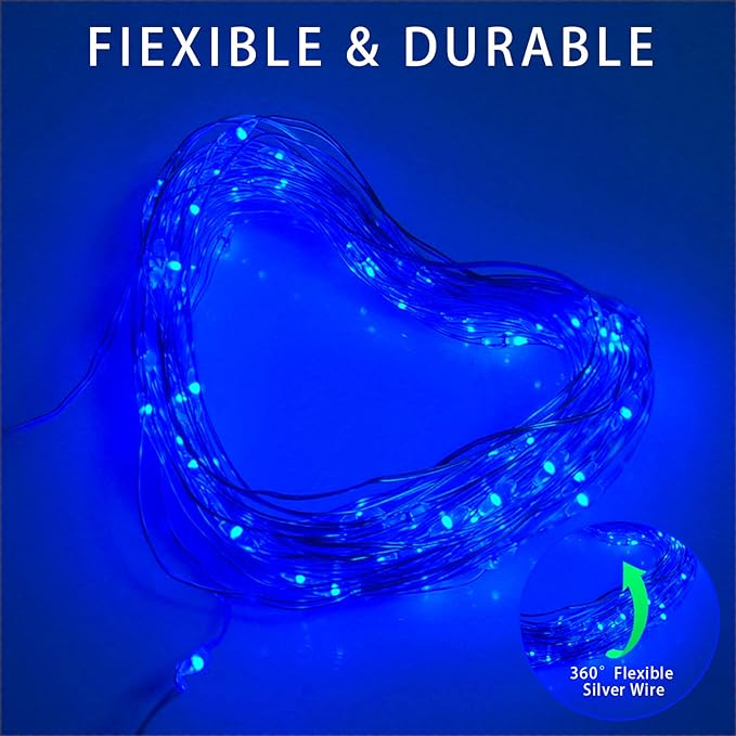 YAOZHOU Blue Solar Christmas String Lights Outdoor Waterproof, 2Pack Total 200Led 66Ft 8 Modes Copper Fairy Lights for Halloween Garden, Patio, Fence, Balcony, Outdoors