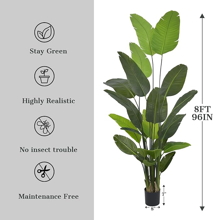 Bird of Paradise Plant Artificial 8ft - Tall Faux Plants Indoor with Realistic Trunks and 24 Vivid Leaves, 96 Inch Fake Tropical Floor Plants in Pot for Home Living Room Bedroom Office Indoor Decor
