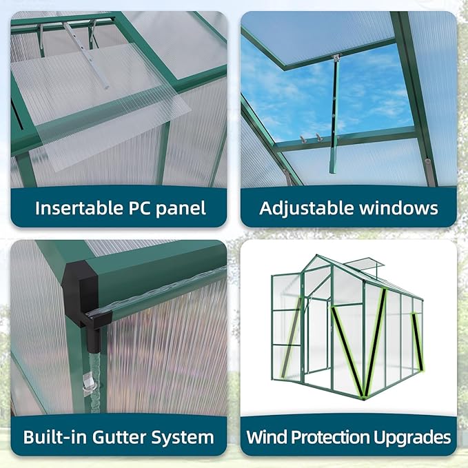 6x10.1 FT Greenhouse for Outdoors, Polycarbonate Greenhouse with Stronger Wind Protection, Lockable Door and Roof Vent, Large Walk-in Aluminum Sunroom for Garden, Backyard, Lawn, Green