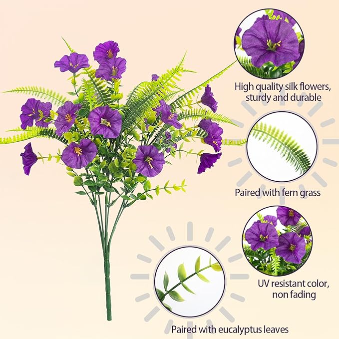 HIAGROW Spring Artificial Flowers Outdoors 12 Bundles Artificial Petunias Fake Flowers UV Resistant Shrubs Plants with Fern for Indoor Outside Hanging Planters Home Garden Decorations (Light Purple)