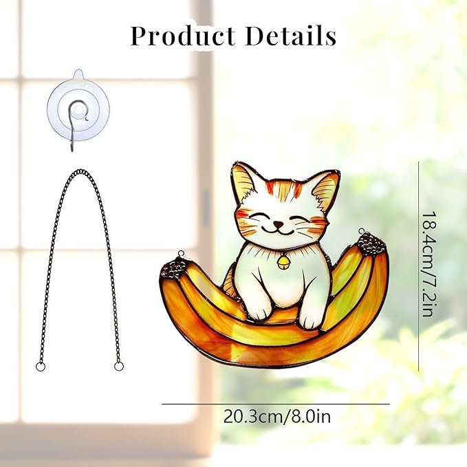 Acrylic Hanging Cat Holding a Banana for Window Doors Home Decoration，Sun Catchers for Windows Hanging，Valentine's Day Mother's Day Birthday Gifts (TYU734)