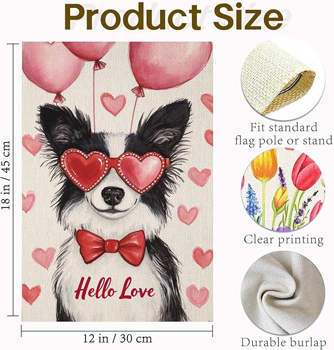 Valentine's Day Shetland-Sheep-Dog Hello Love Garden Flag, House Yard Plaid Love Heart Outside Decoration, Spring Holiday Wedding Anniversary Outdoor Small Decor 12x18(12639)