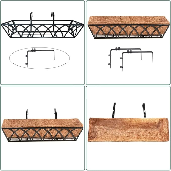 Y&M 30 Inch Window Deck with Coco Liner, Fence Metal Hanging Flower Planter Basket Deck Railing Planter Boxes for Outdoor Garden Lawn, 24" Window Boxes Horse Trough with Coconut Coir Liner,2pcs