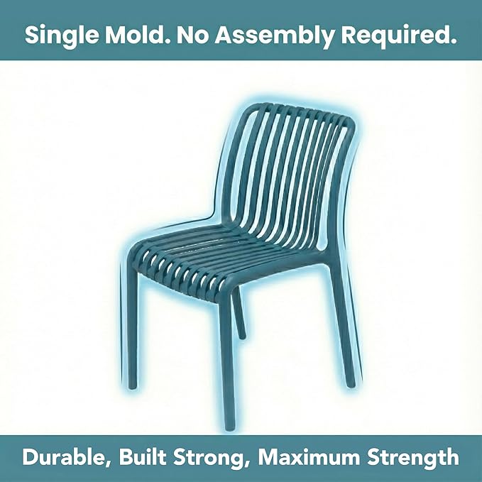 4 x Outdoor Stackable Dining Chair, All-Weather Plastic Patio Chair, Pool Side Chair, Modern Slatted Design for Balcony, Garden, Backyard, Indoor & Outdoor Use (Armless, Teal Blue)