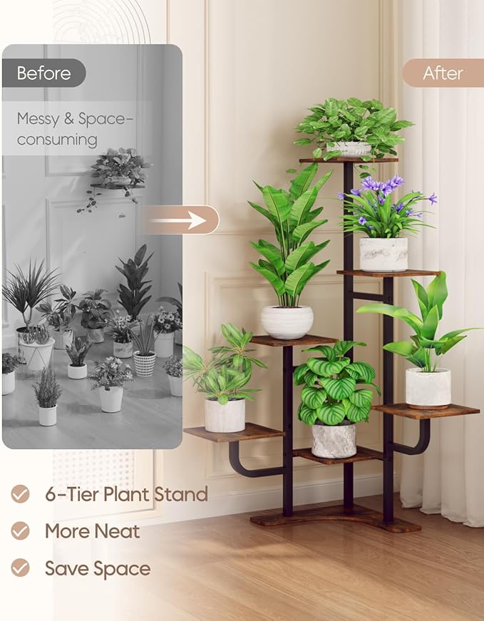 Homsorout Corner Plant Stand Indoor - 6 Tiered Indoor Plant Stand Square Metal Plant Shelf, Plant Organizer for Living Room, Graden, Balcony, Home Decor (Brown)