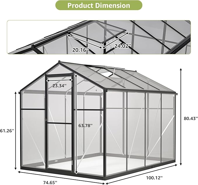6x8 Ft Greenhouses for Outdoors, UV-Coated Polycarbonate Panels and Aluminium Green Houses for Outside, 2 Roof Vents, Invernaderos para Plantas Exterior, Walk-in Greenhouse Kit for Backyard, Lawn