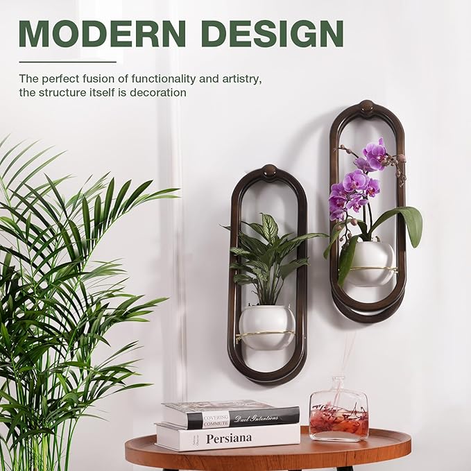 NEKL Wooden Wall Planters for Indoor - Modern Hanging Plant Stand Shelf with Ceramic Pot - Walnut Color (Set of 1)