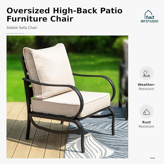 MFSTUDIO Metal Patio Conversation Sets, Outdoor Furniture Sofas Set of 2, 2 Pieces Durable Steel Frame Patio Chairs with 5.8" Beige Cushions for Patio Garden Backyard Balcony