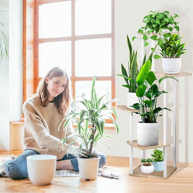 YOCOMEY 5 Tier Wood Tall Plant Stand Metal Rack Indoor, Multiple Flower Pot Holder Shelves Corner Rack, Planter Shelf Display Rack Storage Organizer for Patio Living Room Balcony Garden(White Oak)