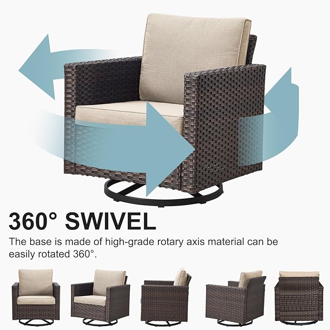 Belord Outdoor Bistro Set 3 Piece Wicker Swivel Rocker Patio Chairs, Oversize Outdoor Rattan Seating Set, Patio Swivel Glider Chairs Wicker Furniture with Metal Side Table for Porch Backyard, Brown