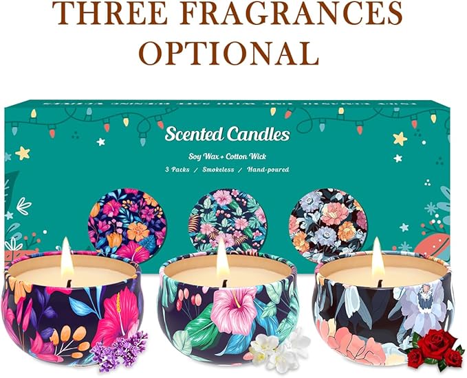 3 Pack Scented Candles Gift, 2.5 oz Aromatherapy Candles for Home Scented, Natural Soy Candles Stress Relief Gift for Women, Portable Small Jar Candles Set Gifts for Christmas, Birthday, Mother's Day