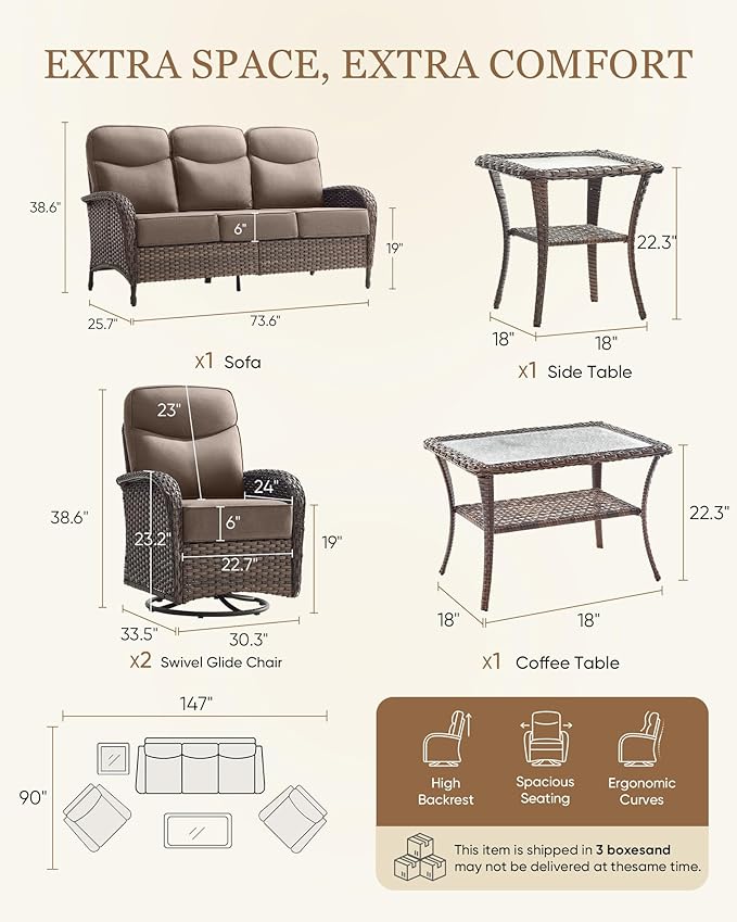 Belord Upgraded 6“ Cushion Luxury 5 Piece Patio Furniture Set - High Back Outdoor Furniture Set with Swivel Rocker Patio Chairs, All-Weather Wicker Conversation Set for Deck Porch Yard - Brown/Grey
