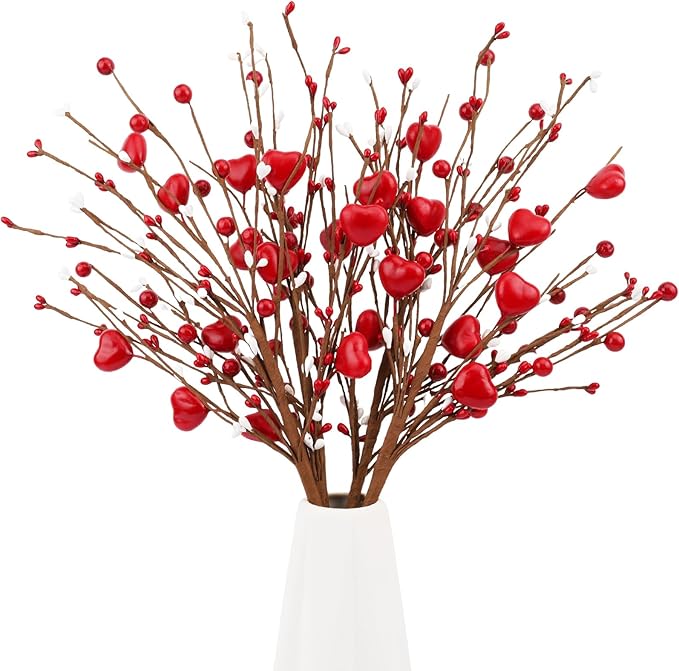 4Pcs Artificial Mother's Day Decorations Red Heart Berry Stems Heart Shaped Berry Gifts Flowers for Wedding Anniversary Party Supplies Decor