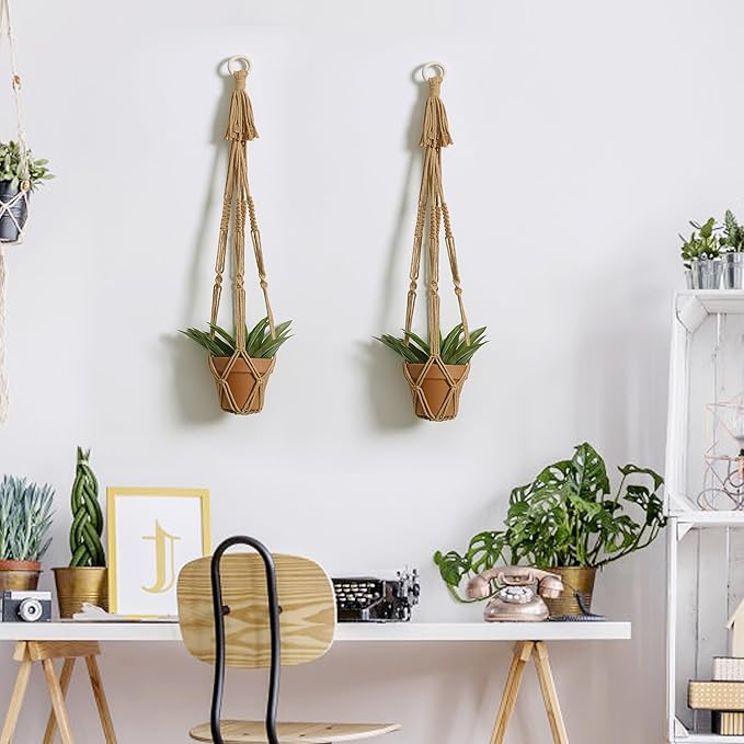 Artilady Plant Hanger Indoor Macrame Hanging Planters for Plants Holder Boho Brown Basket No Tassels Farmhouse Rustic Window Wall Decor (Brown Planter)